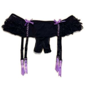 Black and Purple Garter Belt Crotchless Panty Small